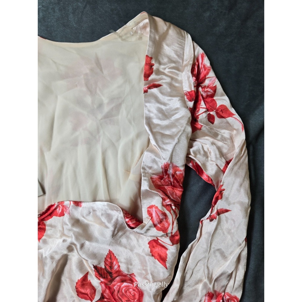 Meshki Women Dress Large Davina Satin Long Sleeve Mini Rose Print Ivory Red - Picture 4 of 12